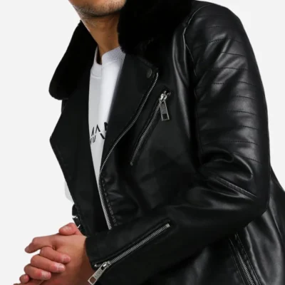 Mens Leather Biker Jacket With Fur Collar