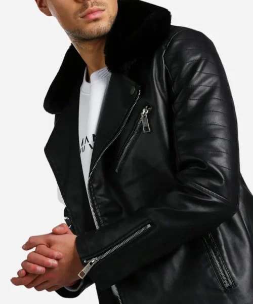 Damian Mens Leather Biker Jacket With Fur Collar