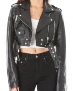 Black Cropped Leather Biker Jacket Womens