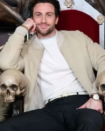 Buy Aaron Taylor-Johnson Movie Kraven the Hunter 2024 Beige Suede Leather Bomber Jacket Sale