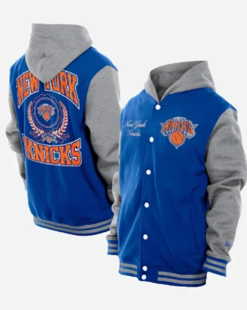 Buy NBA New York Knicks New Era Blue Full-Snap Hooded Varsity Jacket Sale
