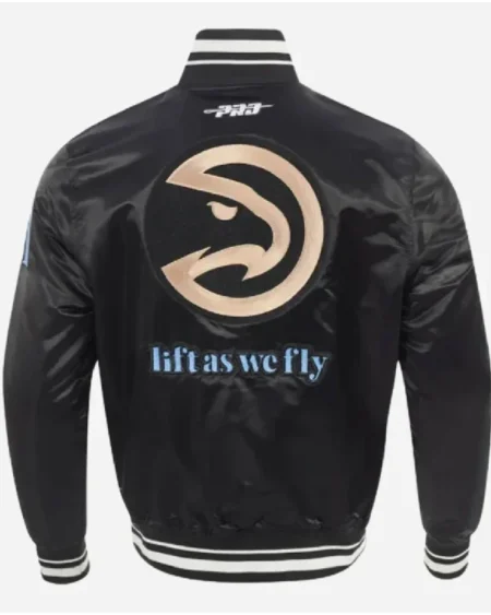 Buy National Basketball Association Atlanta Hawks 2025 City Edition Black Satin Varsity Bomber Jacket Sale