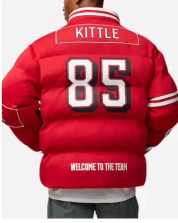Buy San Francisco 49ers NFL Player 2025 George Kittle Scarlet Red Puffer Jacket Sale
