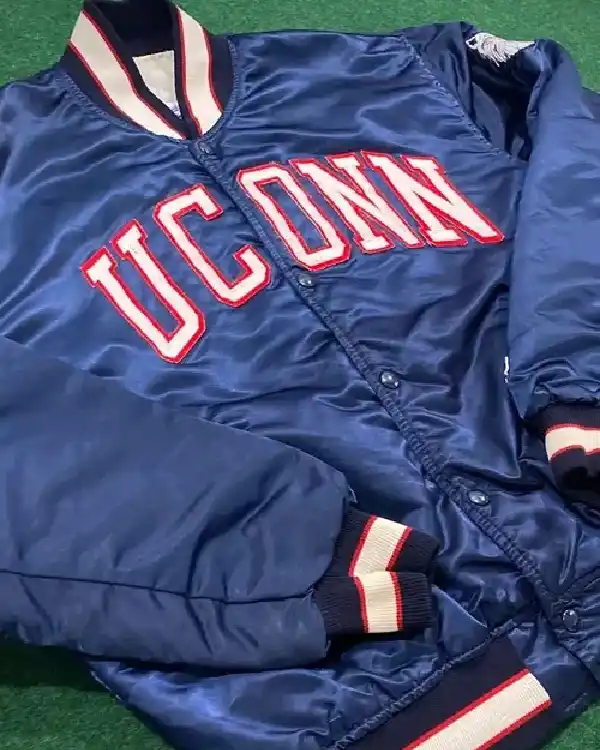 Buy University of Connecticut Blue Satin Varsity Bomber Jacket For Sale