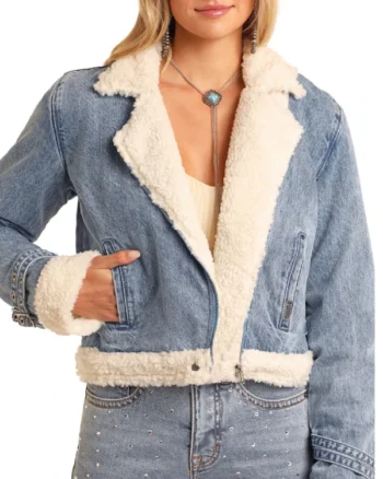 Buy Womens Dark Blue Denim Jean Jacket Sherpa Sale