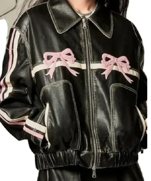 Classic Cafe Racer Black Leather Jacket With Pink Bows Classic Collar