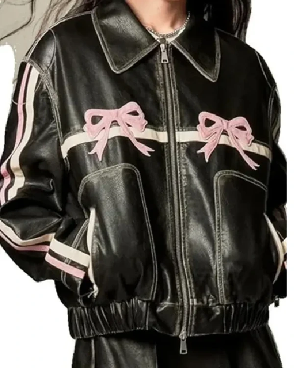 Classic Cafe Racer Black Leather Jacket With Pink Bows Classic Collar
