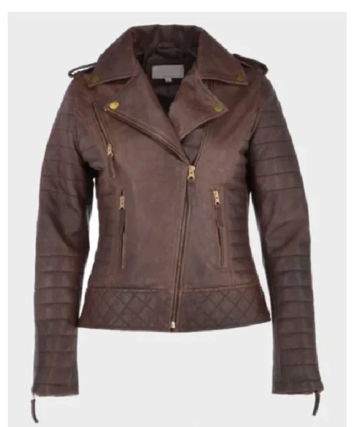 Kara Brown Distressed Biker Leather Jacket