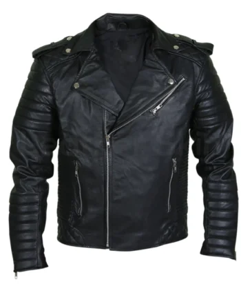 Mens Black Leather Riding Jacket With Shoulder Padded Sleeves