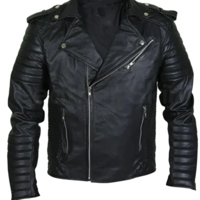 Mens Black Leather Riding Jacket With Shoulder Padded Sleeves
