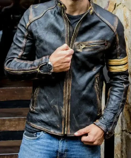 Men's Vintage Biker Cafe Racer Black Motorcycle Distressed Leather Jacket