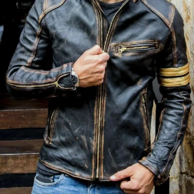 Men's Vintage Biker Cafe Racer Black Motorcycle Distressed Leather Jacket