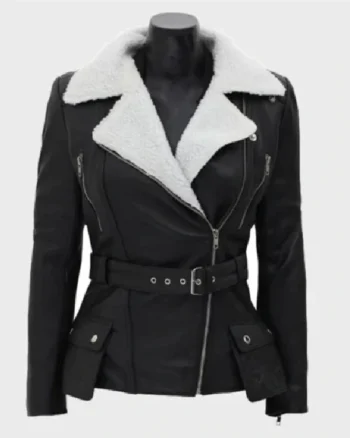 Natalie Shearling Leather Black Belted Biker Jacket