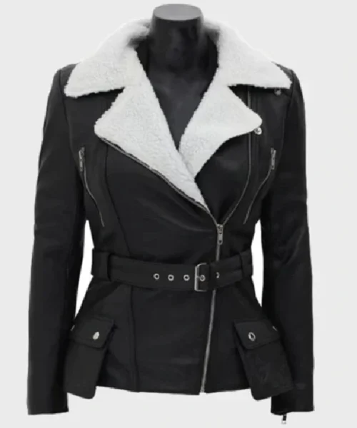 Natalie Shearling Leather Black Belted Biker Jacket