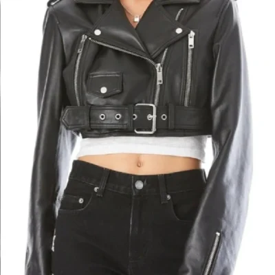 Order Black Cropped Leather Biker Jacket Womens Sale