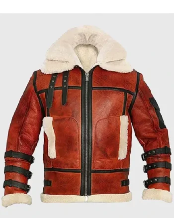 Pry Double Collar B-3 Shearling Red Leather Aviator Jacket