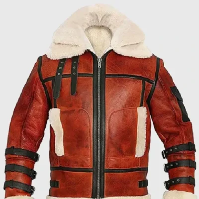Pry Double Collar B-3 Shearling Red Leather Aviator Jacket