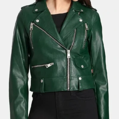 Pure Lambskin Womens Green Leather Biker Jacket