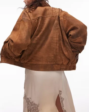 Topshop Premium Real Suede Oversized Bomber Jacket In Tan - Image 2