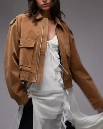Topshop Premium Real Suede Oversized Bomber Jacket In Tan