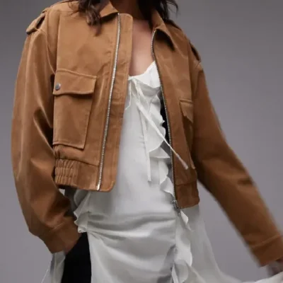 Topshop Premium Real Suede Oversized Bomber Jacket In Tan