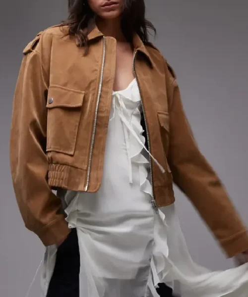 Topshop Premium Real Suede Oversized Bomber Jacket In Tan