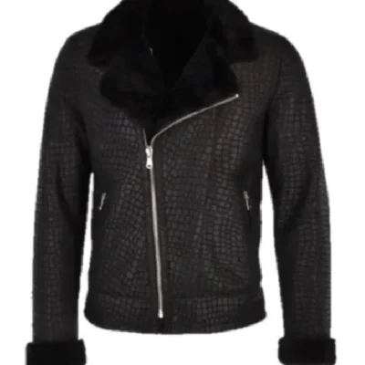 Torres Black Snake Pattern Fur Collar Biker Jacket (1)