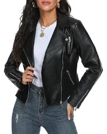Vegan Moto Biker Motocycle Black Faux Leather Biker Jacket Womens