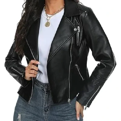 Vegan Moto Biker Motocycle Black Faux Leather Biker Jacket Womens