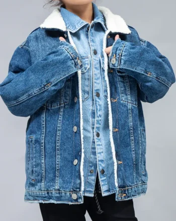 Women Dark Blue Denim Jean Jacket Sherpa