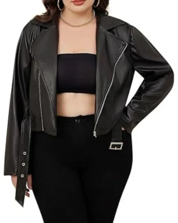Womens Leather Biker Jacket Plus Size With Lapel Neck Long Sleeve