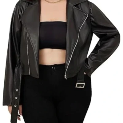 Womens Leather Biker Jacket Plus Size With Lapel Neck Long Sleeve