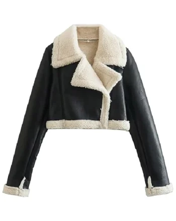 Womens Leather Biker Jacket With Fur Collar With Winter Shearling Fluffy Cropped Bomber Jacket