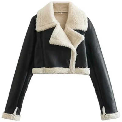 Womens Leather Biker Jacket With Fur Collar With Winter Shearling Fluffy Cropped Bomber Jacket