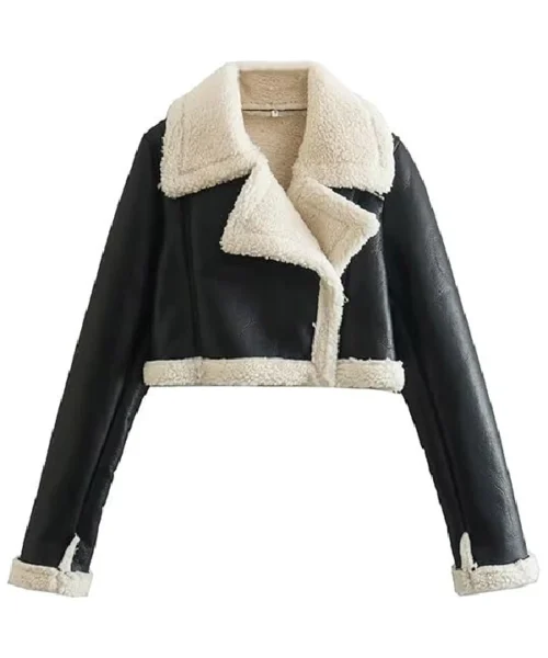 Womens Leather Biker Jacket With Fur Collar With Winter Shearling Fluffy Cropped Bomber Jacket