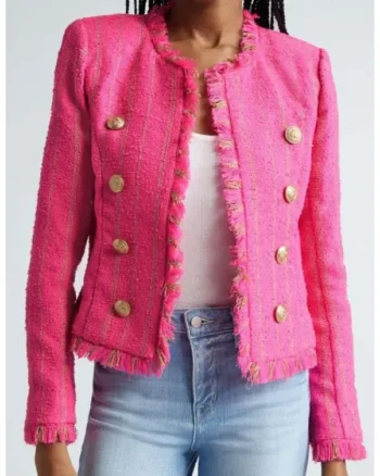 Buy America’s Newsroom Dana Perino Pink Tweed Stripe Frayed Trim Jacket Sale