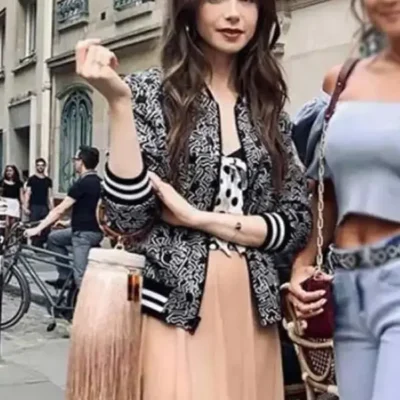 Buy Lily Collins TV Series Emily In Paris Emily Cooper Black and White Pattern Bomber Jacket Sale