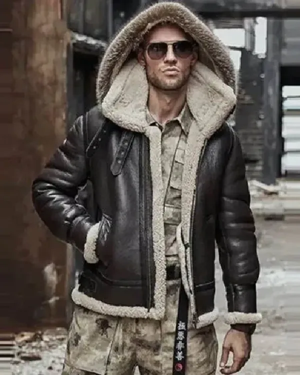 Buy Paul B3 Hooded Parka Shearling Fur Dark Coffee Brown Bomber Jacket Sale