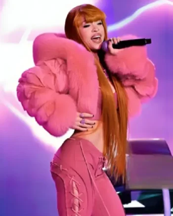 Buy Times Square Ice Spice Pink Faux Fur Hooded Jacket Sale