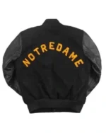 Buy University of Notre Dame Rudy Irish Black Wool Varsity Bomber Jacket With Leather Sleeves Sale back