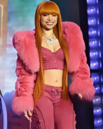 Ice Spice Times Square Pink Faux Fur Jacket
