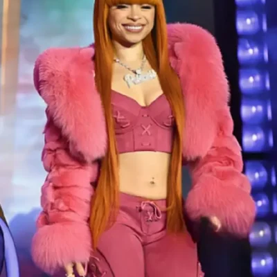 Ice Spice Times Square Pink Faux Fur Jacket