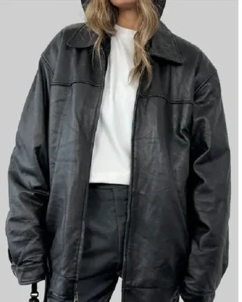 Joey King Black Oversized Leather Jacket