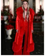 Lainey Wilson Faux Fur Trim Red Leather Trench Coat