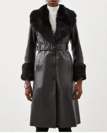 Leather Coat with Fur Collar and Cuffs