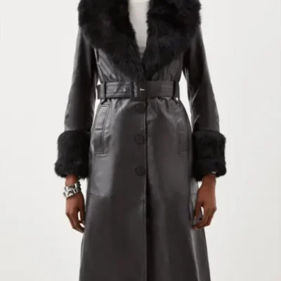 Leather Coat with Fur Collar and Cuffs