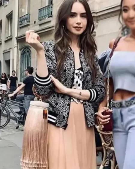 Lily Collins Emily In Paris Black Bomber Jacket