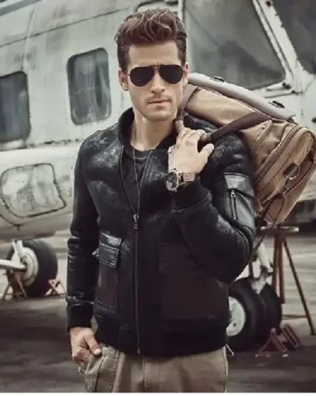 Mens Aviator B3 Shearling Leather Black Jacket