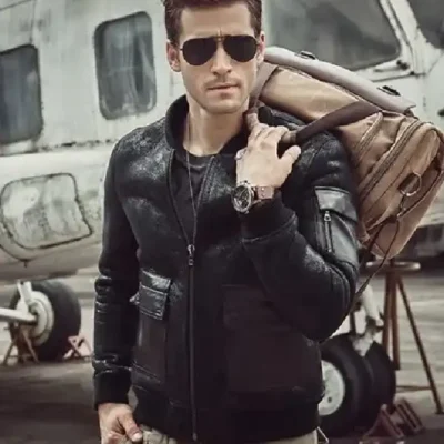 Mens Aviator B3 Shearling Leather Black Jacket