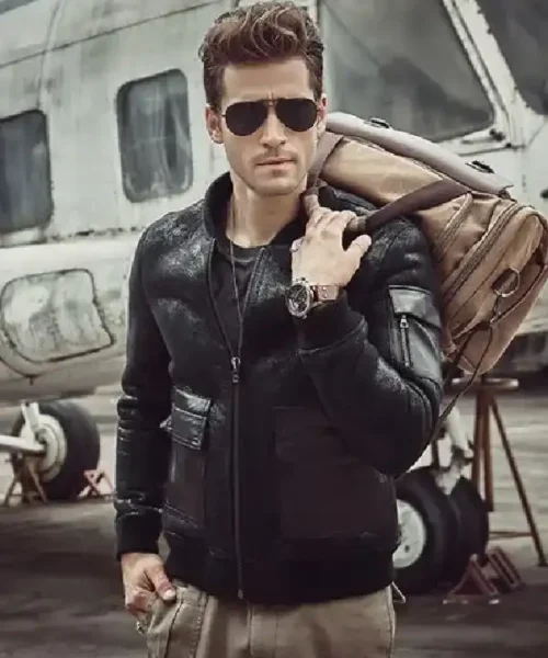 Mens Aviator B3 Shearling Leather Black Jacket